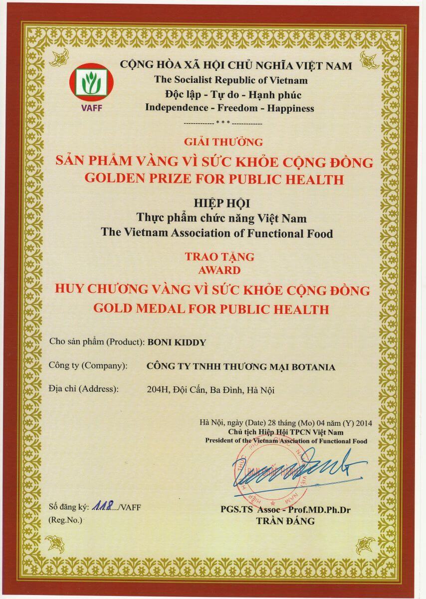 Giải thưởng sản phẩm vàng vì sức khỏe cộng đồng năm 2014